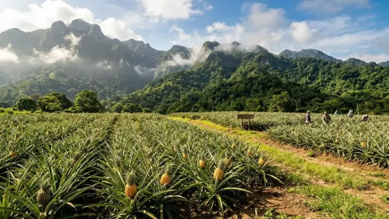 Campos de piña al pie de las montañas