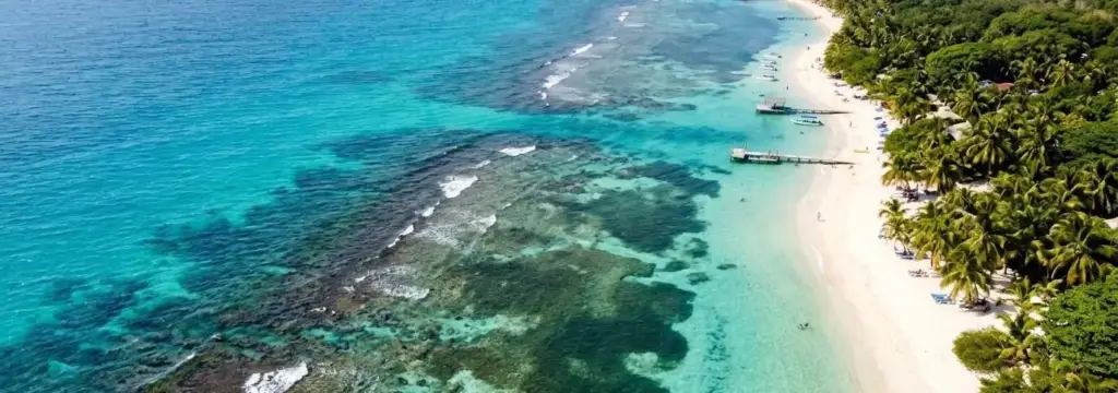 Aerial view of the Roatán reef and beach